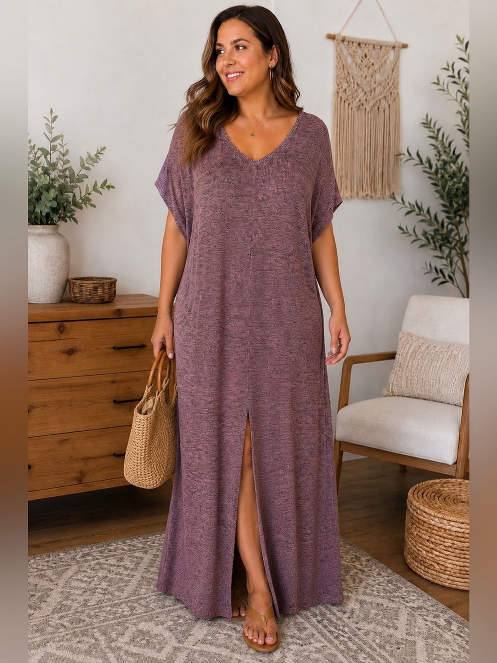 West Halliday V-Neck Maxi Dress Plus Size 4 Mauve Knit Side Slit Lounge Dress